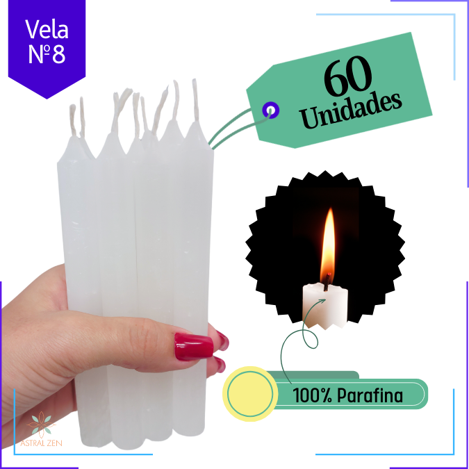 Velas Brancas Palito 100% Parafina Pura Com Valor de Atacado Nº8 -  (16 x 1,5 cm.) 5 Horas