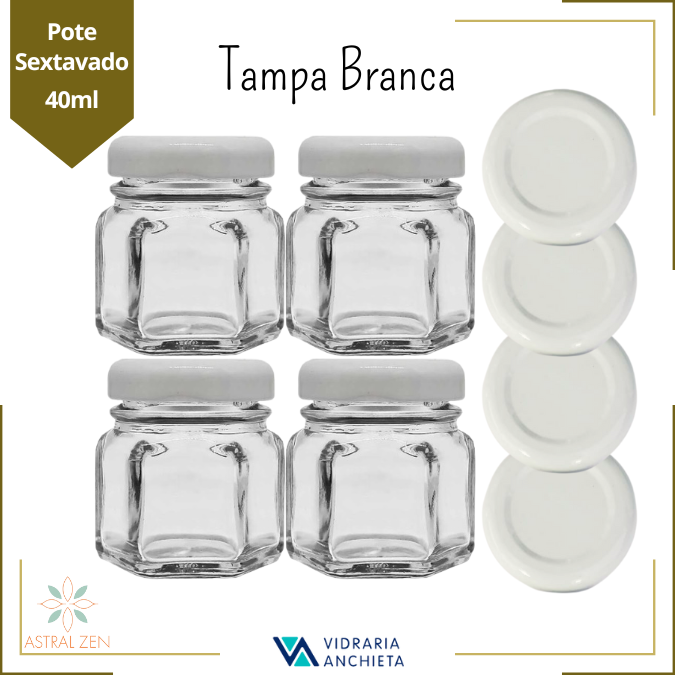 Pote de Vidro Com Tampa Sextavado 40ml Para Doces Geleias Brigadeiros Bolos Velas Lembranças - 100 Unds