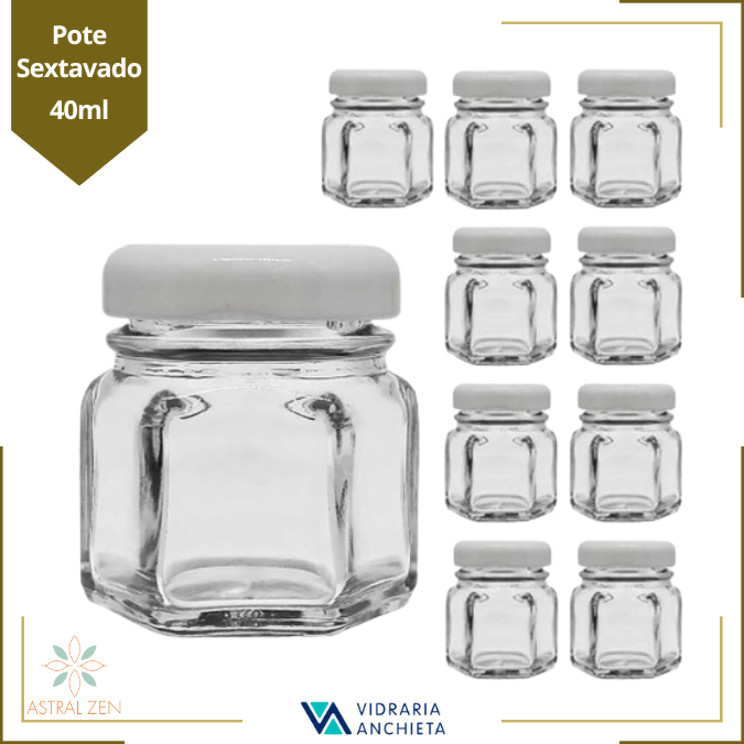 Pote de Vidro Sextavado 40ml Doces  Bolos Geleias Lembranças Com Tampa De Metal - 30 Unds