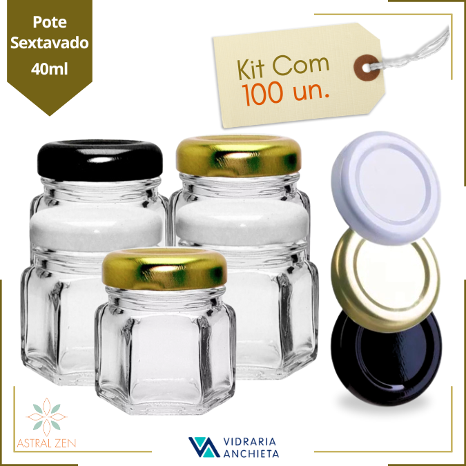 Pote de Vidro Com Tampa Sextavado 40ml Para Doces Geleias Brigadeiros Bolos Velas Lembranças - 100 Unds