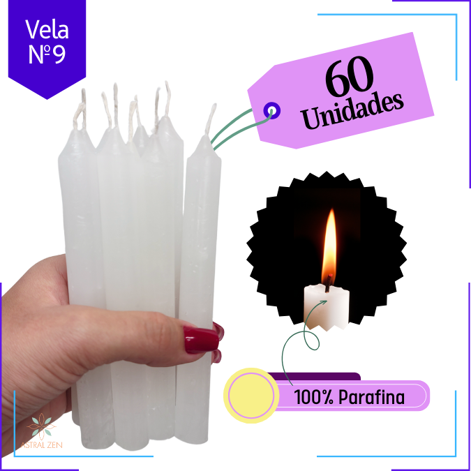 Velas Brancas Palito 100% Parafina Pura Com Valor de Atacado Nº9 - (17,5 x 1,5 cm.) 5 Horas