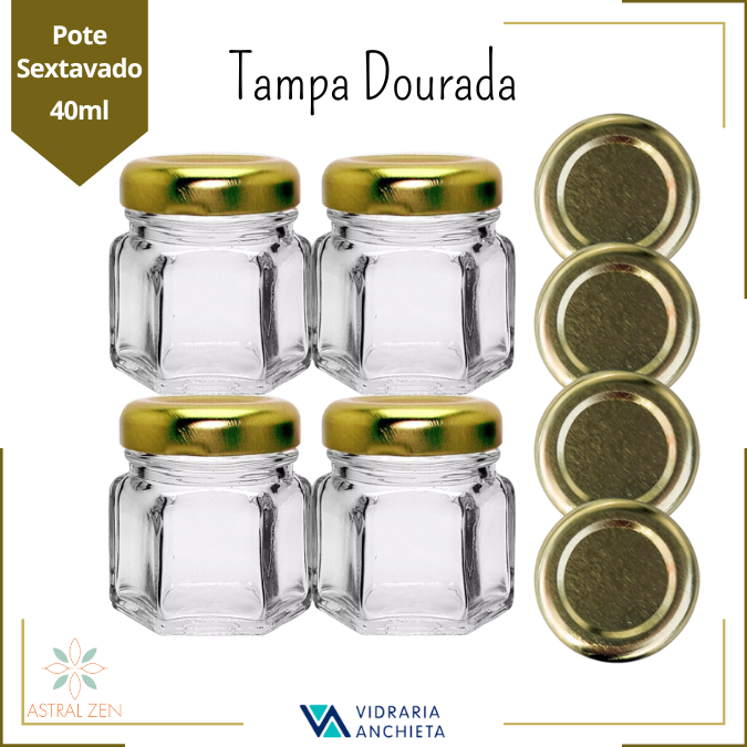 Pote de Vidro Sextavado 40ml Doces  Bolos Geleias Lembranças Com Tampa De Metal - 10 Unds