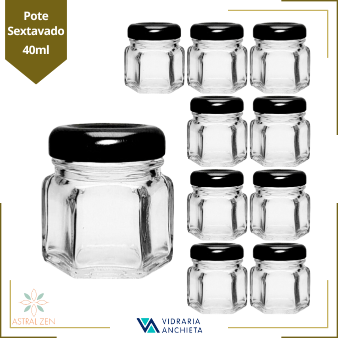 Pote de Vidro Com Tampa Sextavado 40ml Para Doces Geleias Brigadeiros Bolos Velas Lembranças - 100 Unds