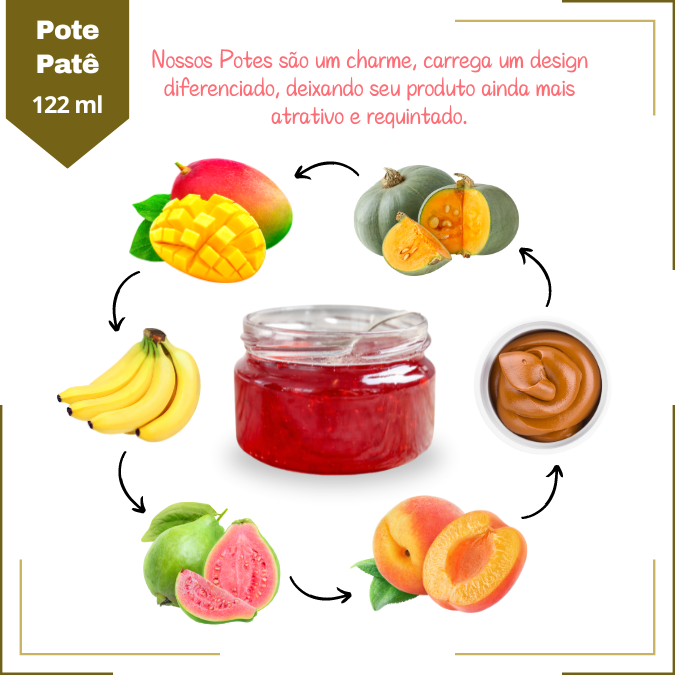 Pote de Vidro Patê 122ml Doces  Bolos Geleias Lembranças Com Tampas Metálicas - 30unds