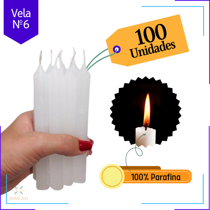 Velas Brancas Palito 100% Parafina Pura Com Valor de Atacado Nº6  (14 x 1,5 cm.) 3 Horas