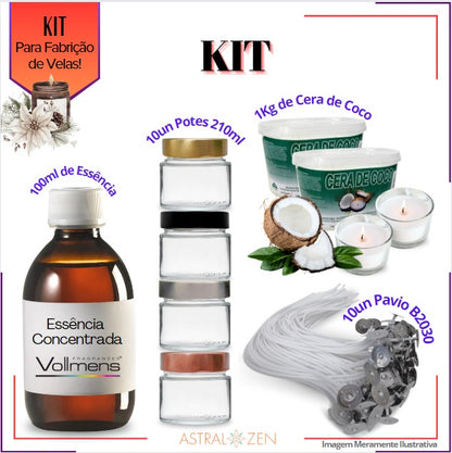 Kit Para Fabricação de Velas Artesanais 10un Potes 210ml 1Kg de Cera de Coco 10un Pavio B2030 100ml de Essência