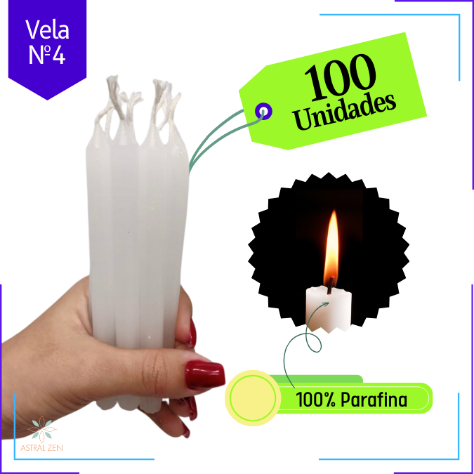 100 Velas Palito Branca Parafina Pura Nº4 (14,5 Cm X 1,1 Cm)