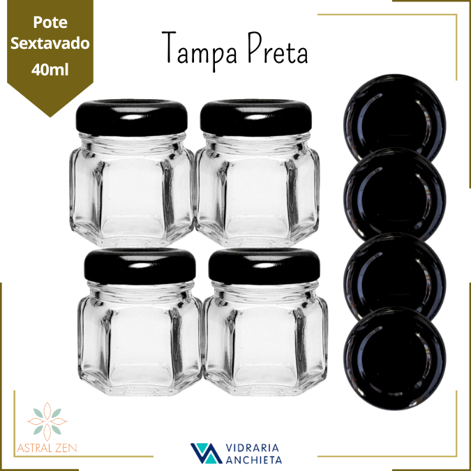 Pote de Vidro Sextavado 40ml Doces  Bolos Geleias Lembranças Com Tampa De Metal - 10 Unds