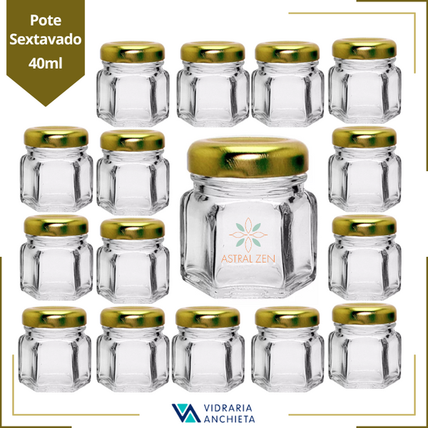 Pote de Vidro Com Tampa Sextavado 40ml Para Doces Geleias Brigadeiros Bolos Velas Lembranças - 100 Unds