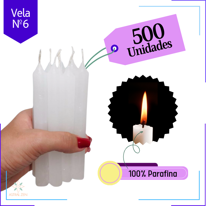 Velas Brancas Palito 100% Parafina Pura Com Valor de Atacado Nº6 - (14 x 1,5 cm.) 3 Horas