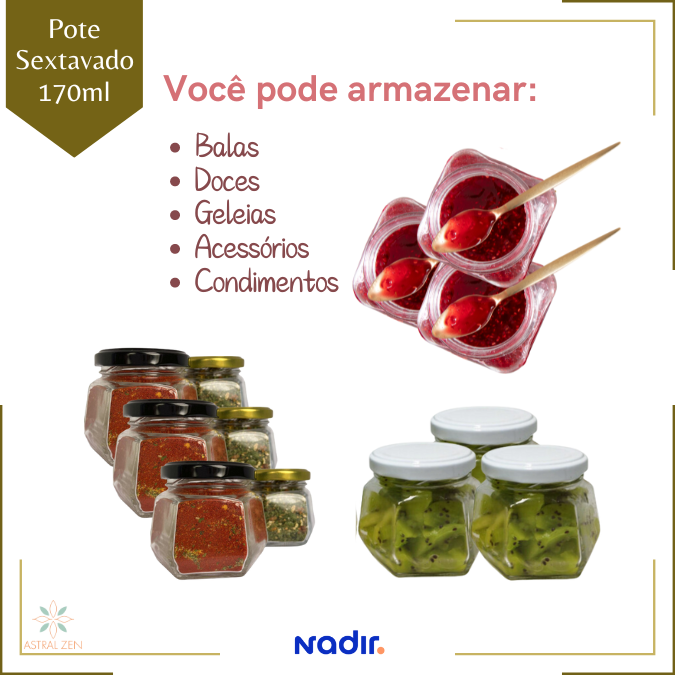 Pote de Vidro 170ml Sextavado Doces  Bolos Geleias Lembranças Com Tampa De Metal - 10 Unds