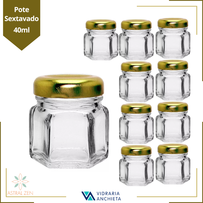 Pote de Vidro Sextavado 40ml Doces  Bolos Geleias Lembranças Com Tampa De Metal - 10 Unds