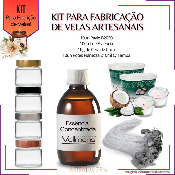 Kit Para Fabricação de Velas Artesanais 10un Potes 210ml 1Kg de Cera de Coco 10un Pavio B2030 100ml de Essência