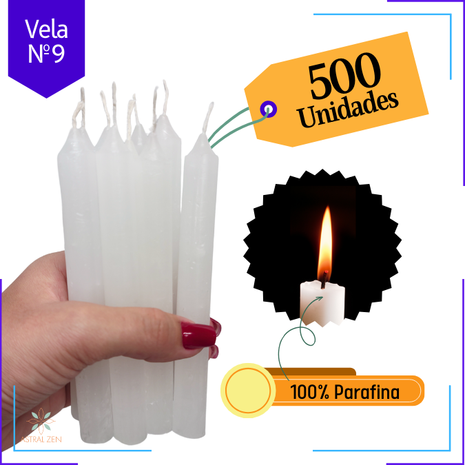 Velas Brancas Palito 100% Parafina Pura Com Valor de Atacado Nº9  (17,5 x 1,5 cm.) 5 Horas