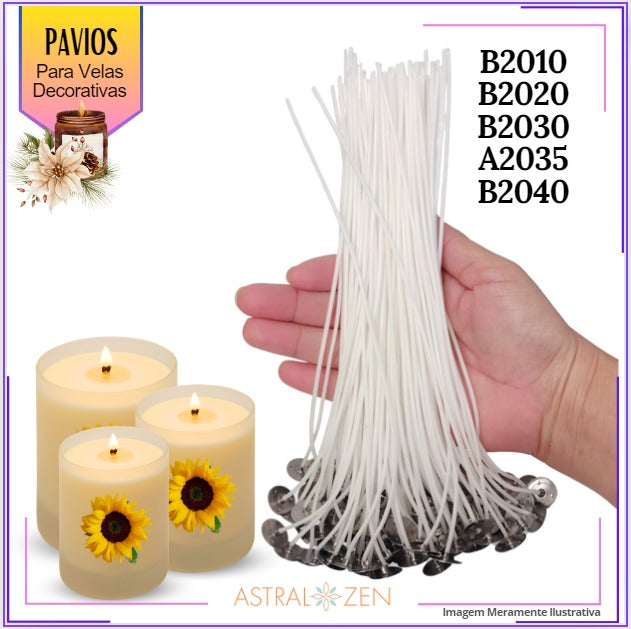 Pavio Para Vela Artesanal 18cm Kits com 20 e 100un Montado com Ilhós Pavio B2010-B2020-B2030-A2035-B2040