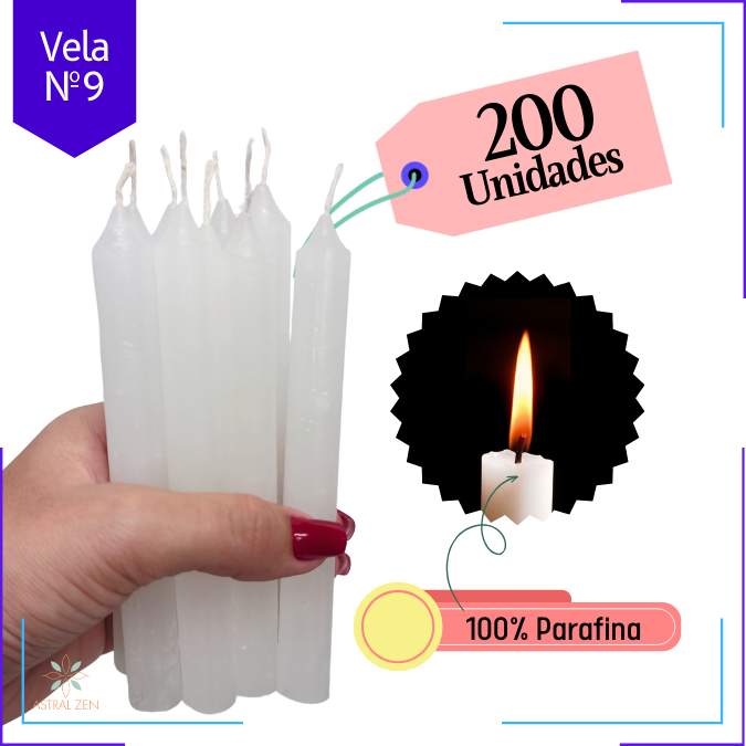 Velas Brancas Palito 100% Parafina Pura Com Valor de Atacado Nº9  (17,5 x 1,5 cm.) 5 Horas