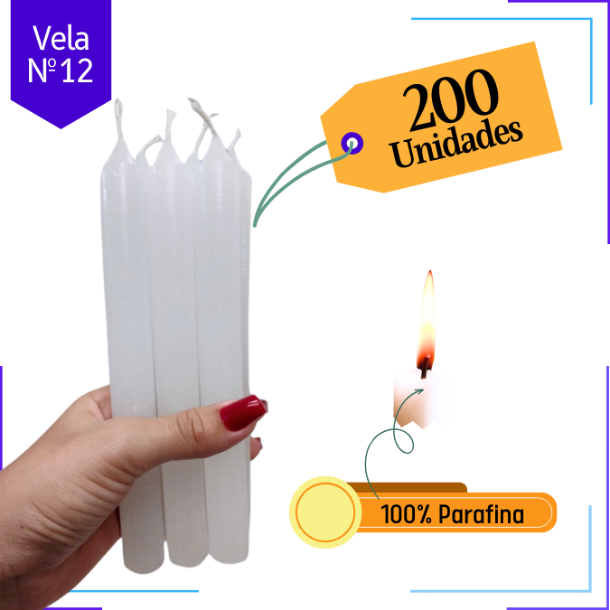 Velas Brancas Palito 100% Parafina Pura 7 Horas Com Valor de Atacado  Nº12 - (17,5 x 2cm)