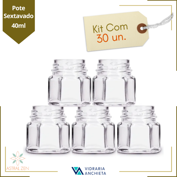 Pote de Vidro Sextavado 40ml Doces  Bolos Geleias Lembranças Sem Tampa - 30 Unds