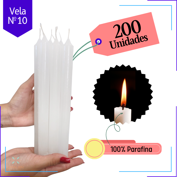 Velas Brancas Palito 100% Parafina Pura Com Valor de Atacado Nº10  (23 x 2 cm.) 10 Horas