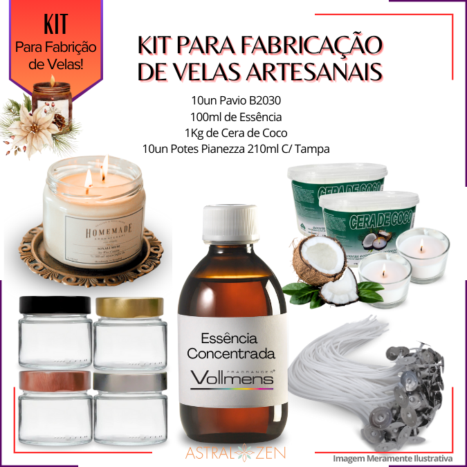 Kit Para Fabricação de Velas Artesanais 10un Potes 210ml 1Kg de Cera de Coco 10un Pavio B2030 100ml de Essência