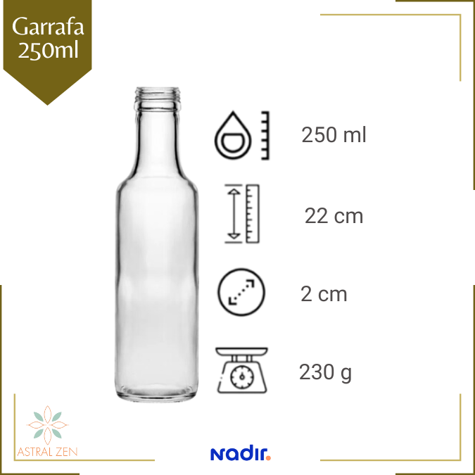 Garrafa de Vidro  250ml Para Azeite, Conservas, Suco, Chás, Molhos e Bebidas - Com Tampa