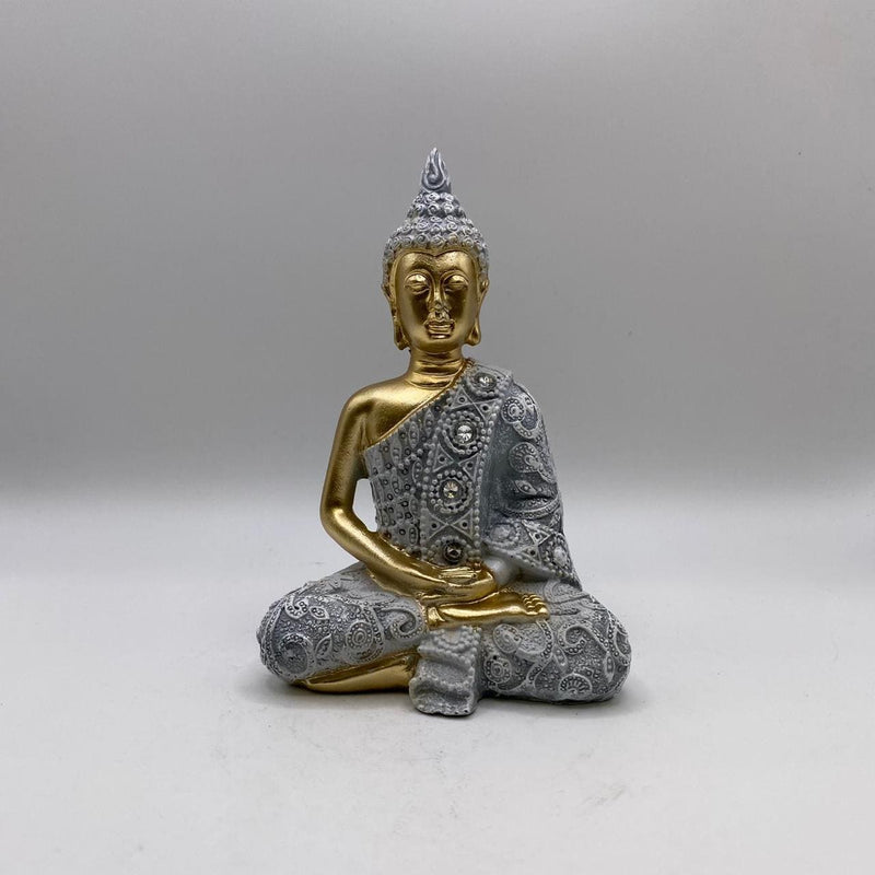 Buda Dhyana Mudra Cinza e Dourado