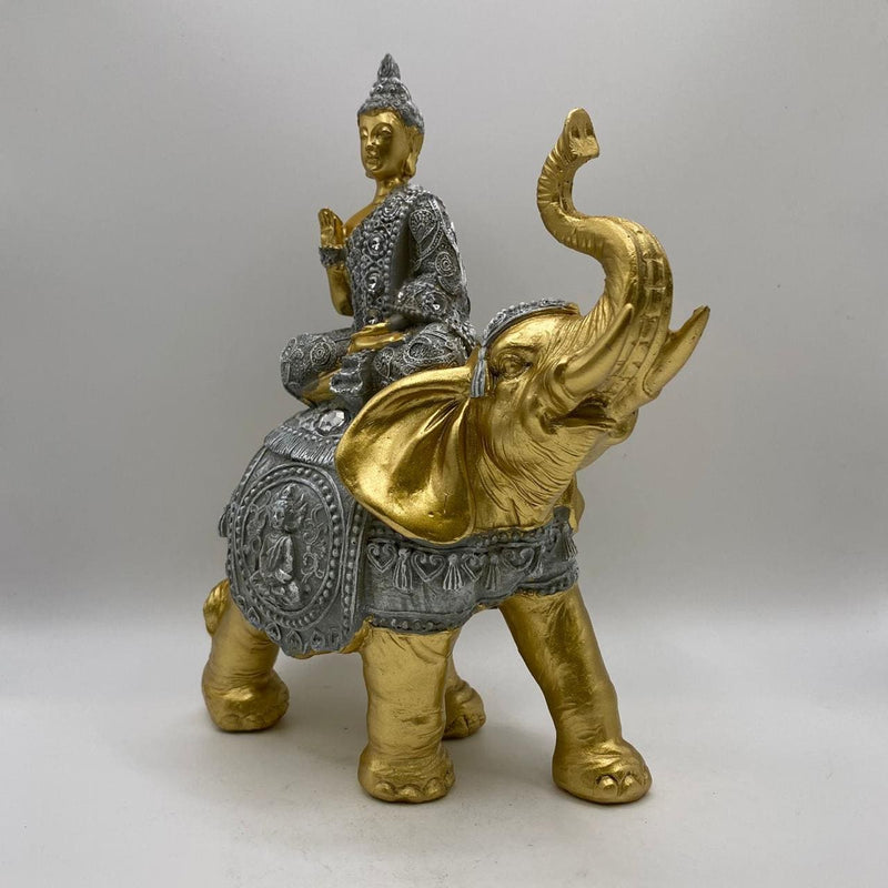 Buda no Elefante Dourado e Cinza