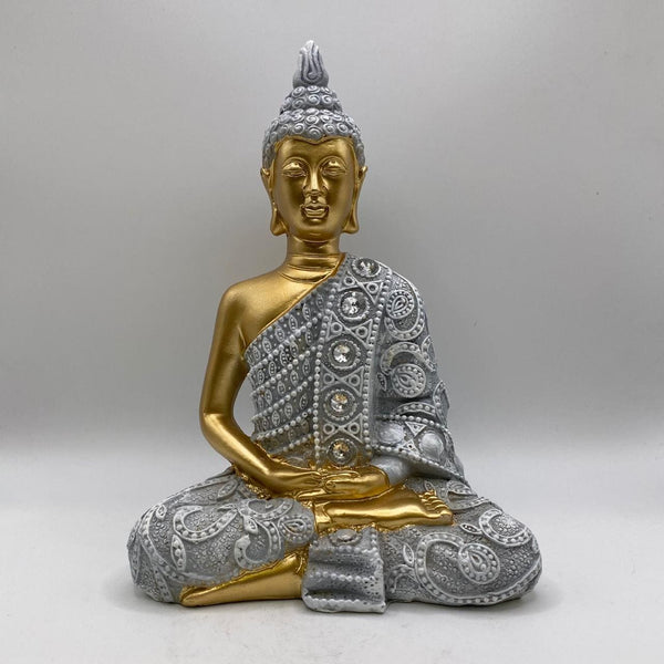 Buda Dhyana Mudra Cinza e Dourado
