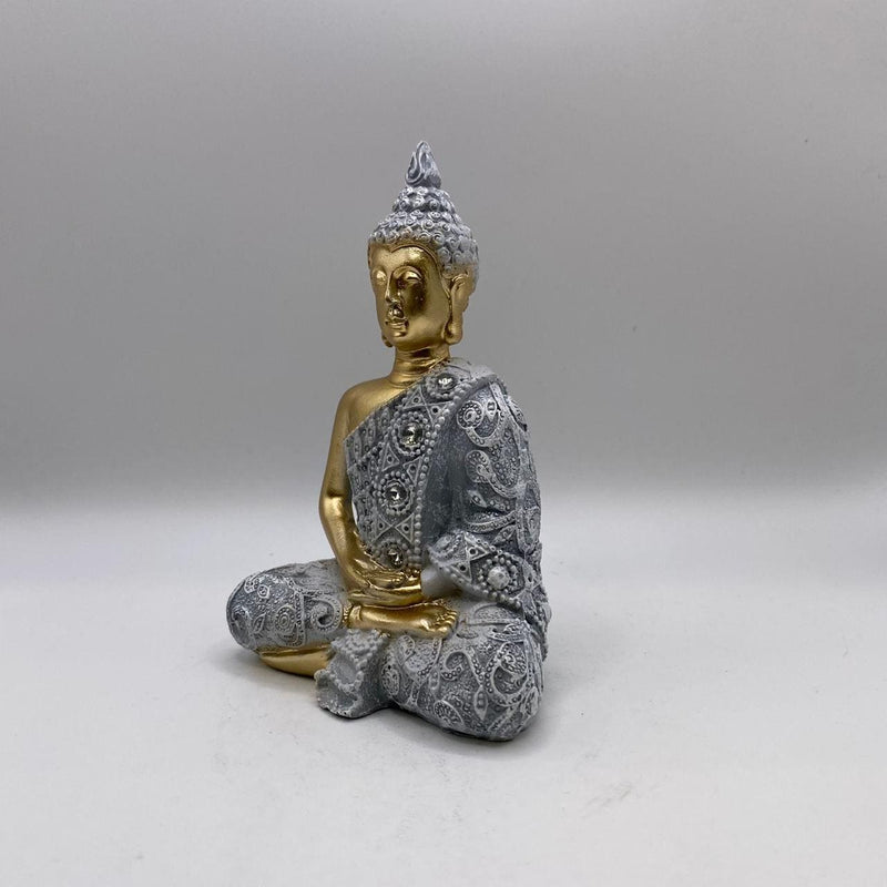 Buda Dhyana Mudra Cinza e Dourado