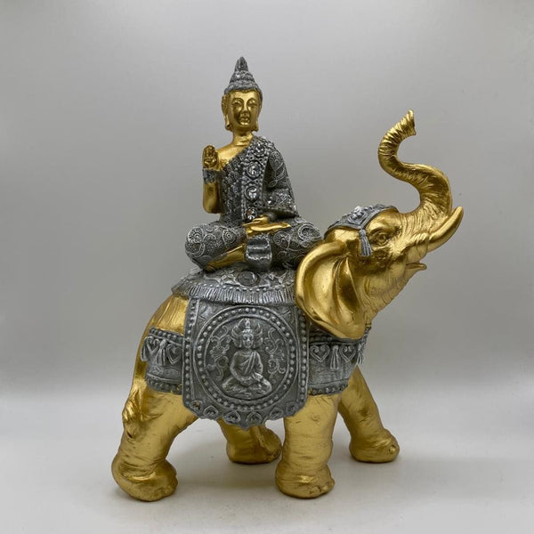 Buda no Elefante Dourado e Cinza