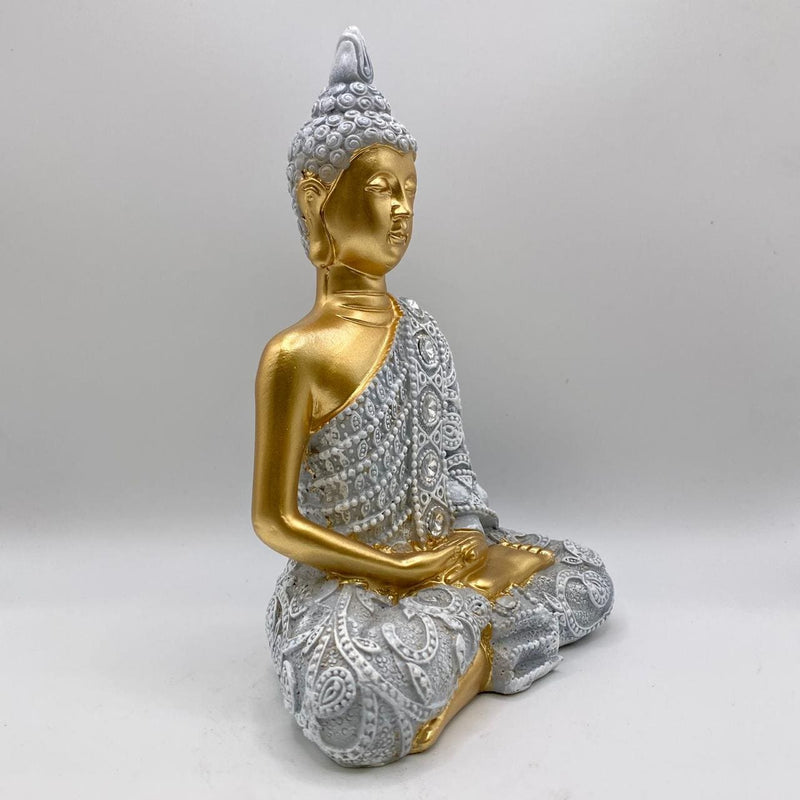 Buda Dhyana Mudra Cinza e Dourado